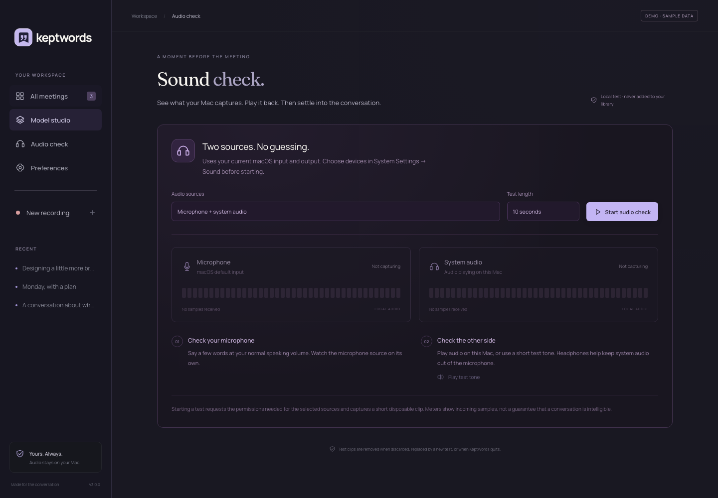 KeptWords Audio check with separate microphone and system meters, source selection, and a Start audio check button. Both meters are idle in this sample workspace.