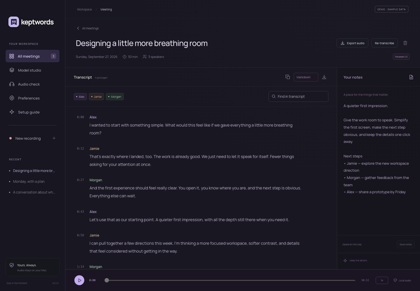 The KeptWords app: a timestamped transcript with editable speaker names, personal notes, and audio playback. The meeting content is labelled demo data.